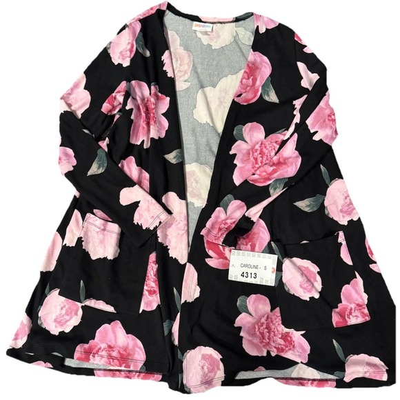 LuLaRoe Size Small Caroline Cardigan Shirt NWT Pink Floral Black Background - Picture 2 of 6
